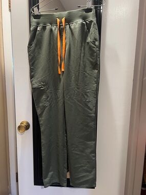 Figs Olive Green Straight Leg Pants with Orange Drawstring